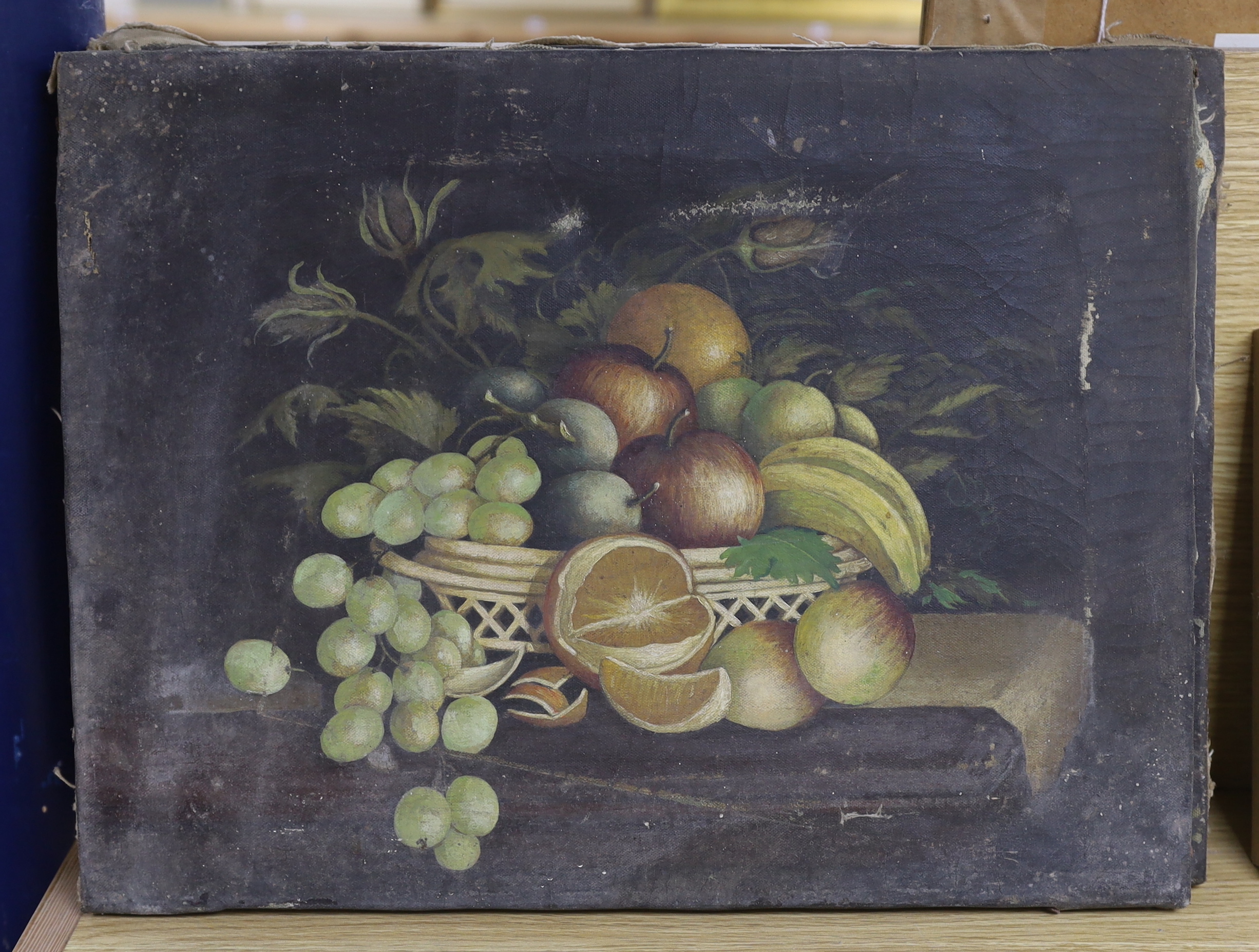 Manner of Oliver Clare (1852-1927), pair of oils on canvas, Still lifes of fruit, 35 x 45cm, unframed